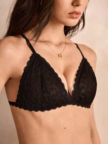 Charlaine French Sexy Lace Leopard Print Patchwork Women's Triangle Cup Bra Lingerie - Black - View 5