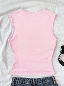 SHEIN Teen Girls T-Shirts Summer Solid Ruched Side Tank Top - Pink - View 2