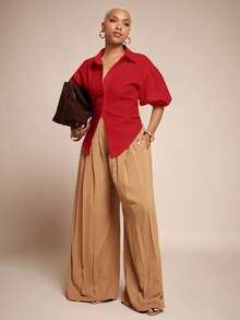 Vixey Solid Self Tie Back Collared Button Up Long Sleeve Top - Red - View 3