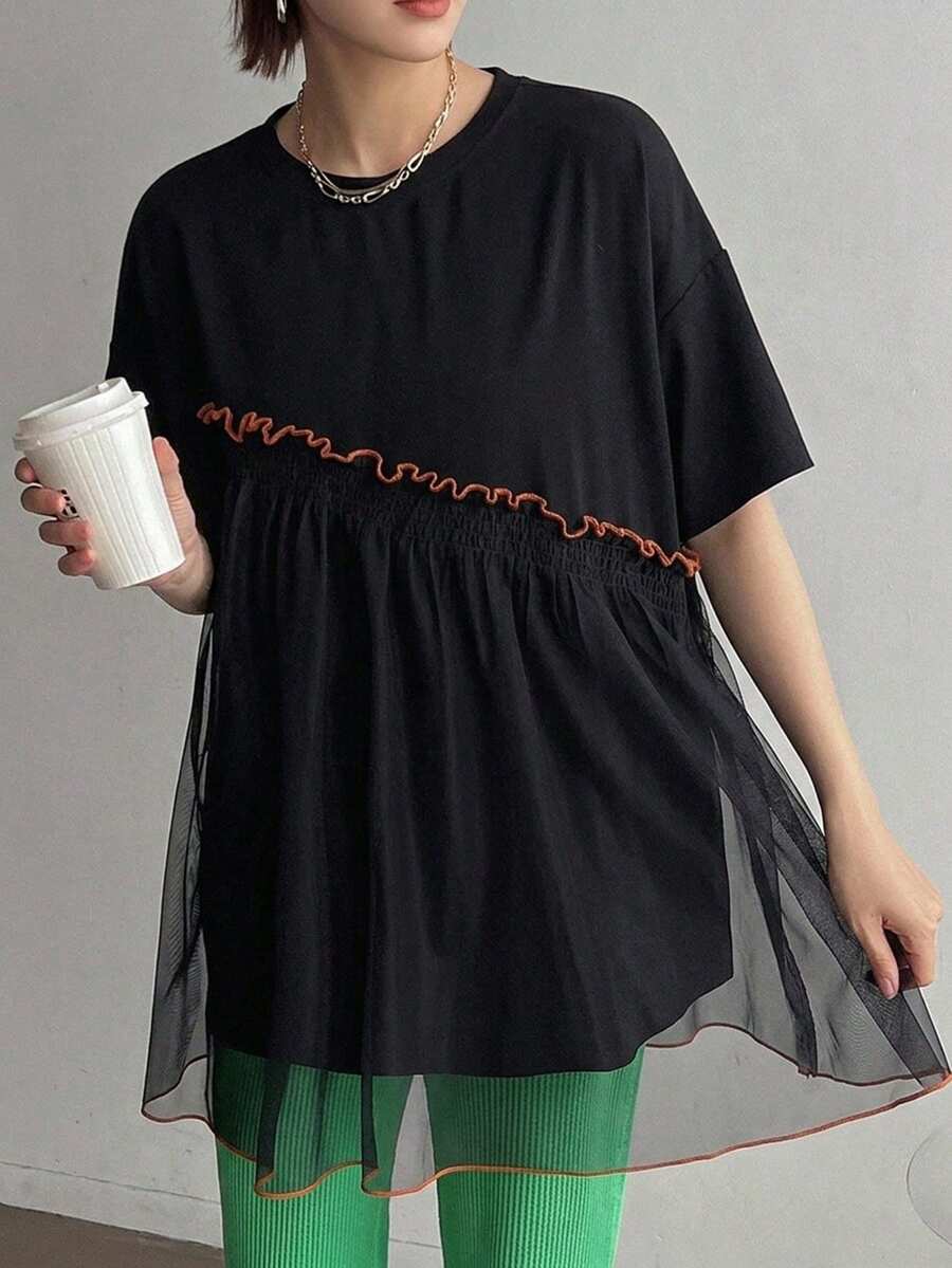 FRIFUL Women's Fashion Versatile Contrast Color Mesh Splice Short Sleeve T-Shirt Summer - Black - View 1
