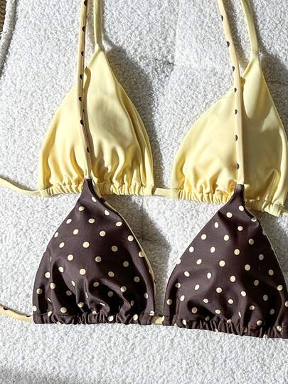 SHEIN Sweetro Bộ bikini tam giác cổ yếm hai tông màu cho nữ, màu kem trơn / nâu đậm chấm bi, thiết kế cắt cao, đồ bơi gợi cảm cho kỳ nghỉ hè ở bãi biển