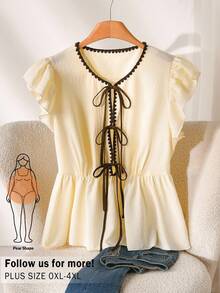 CosyJoli 大码女装夏季服装,撞色滚边衬衫,休闲女士上衣,可爱夏季上衣,蝴蝶结吊带衬衫 - 杏色 - 查看 4