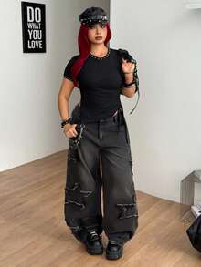 Coolane 女款大尺碼夏秋性感 Grunge Goth Y2K 龐克休閒復古黑色鉚釘圓領側褶皺下擺開衩短袖T恤 萬聖節 - 黑色 - 查看 6