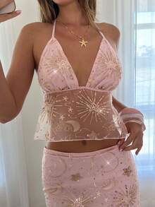 Opulessa Women's Sequin Mesh Sexy Fashion Halter Neck Top - Pink - View 6