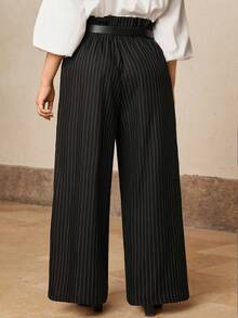 Juhart Plus Size Striped High Waist Belt Elegant Pants Fall - Black - View 2