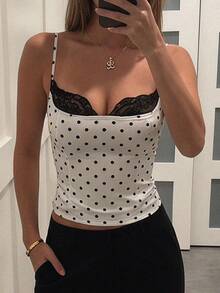 SHEIN PETITE Women's French Sexy Polka Dot Print Lace Patchwork Cropped Camisole ,Petite Women - Black and White - View 8