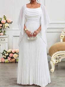 SHEIN CURVE+ Đầm dự tiệc cỡ lớn dành cho nữ, màu trơn, xếp ly, phối lưới, kiểu dáng thanh lịch, có phần eo thắt lại. - trắng - Xem 6
