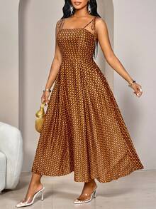 SHEIN Lady Women's Retro Geometric Print Suspender Dress Holiday Outfits For Women Summer Dresses Beach Casual Brown Skirt - Ginger - View 4