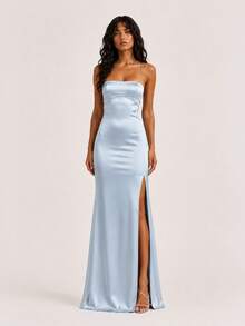 OverBlushhh Women's Blue Satin Maxi Dress Backless Lace Up High Slit - Baby Blue - View 7
