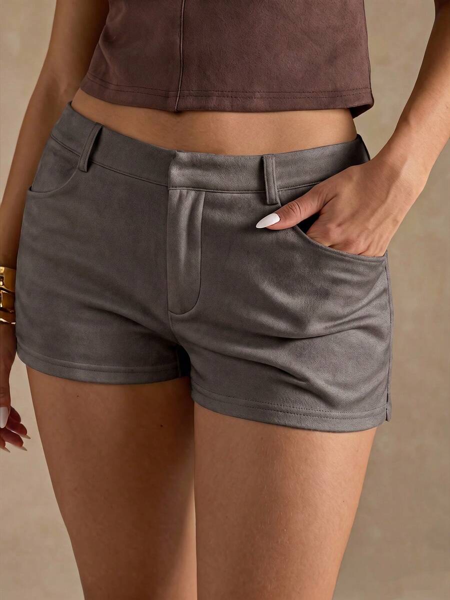 SHEIN BAE 女款夏季休閒復古低腰短褲 - 深灰色 - 查看 1