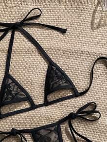 Swim SXY Lace Black Swimwear Set For Summer Holiday,High-Neck Triangle Bandage Two Pieces Combination,Valentine's Day Party Beach Party Pool Gathering - Black - View 4