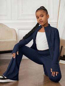 SHEIN Tween Girl Tween Girl Spring Summer Autumn Winter All Season Sports Sun Protection Jacket Zipper Cardigan Tight Running Gym Yoga Slim Fit Sports Jacket - Navy Blue - View 5