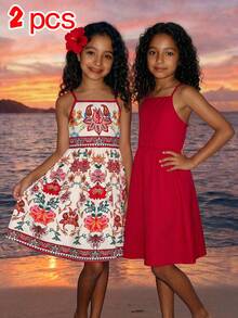 SHEIN Elladie kids 2件組女孩復古碎花印花細肩帶洋裝套裝，優雅2件式A字擺陽光裙，柔軟親膚面料，波西米亞刺繡風圖案，純紅色休閒派對穿搭，適合度假野餐校園旅遊生日日常穿著，百搭輕盈飄逸層次裙，兒童女孩適用 - 紅色 - 查看 8
