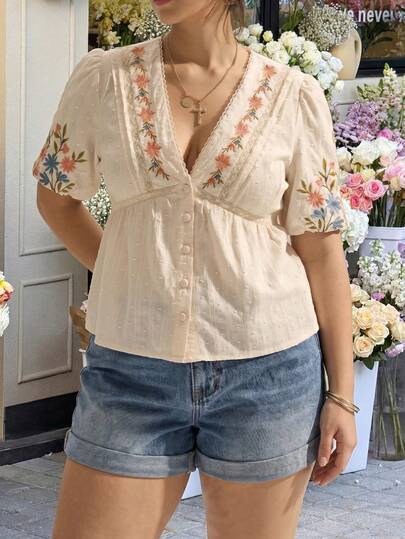 GalTyme Große Größen Bluse mit floraler Stickerei und tiefem V-Ausschnitt