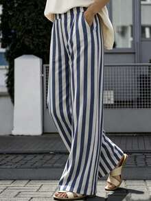 Omancia Women's Spring/Summer Cotton Blend Striped Loose Versatile Long Pants, Suitable For Travel, Home And Outdoor - Blue and White - View 8