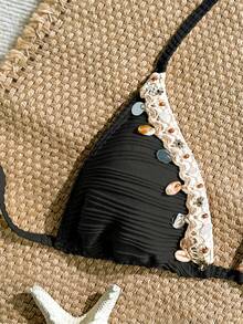 SHEIN Swim Vcay 女款紋理面料亮片貝殼飾邊可愛性感度假海灘泳裝上衣 - 棕色 - 查看 4