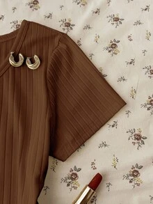 Teen Girl Teen Girl Summer New Snug Fit Versatile Brown Ribbed Knit Round Neck Button Short Sleeve Top - Brown - View 5