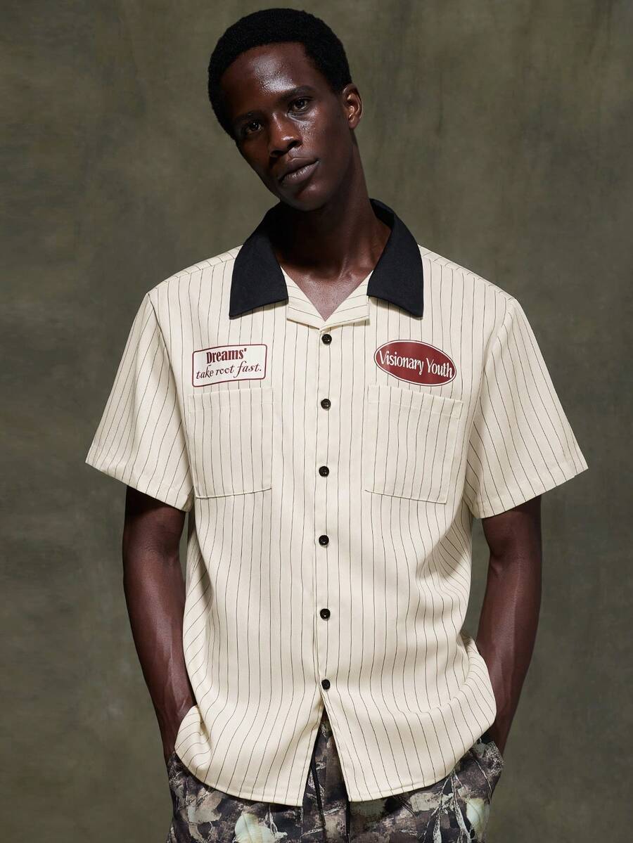 Salvezio Men's Casual Beige Letter Print Striped Short Sleeve Shirt - Apricot - View 1