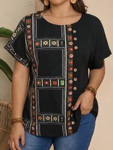 Rusticease Plus Size Vacation Casual Geometric Print Shirt - Black - View 3