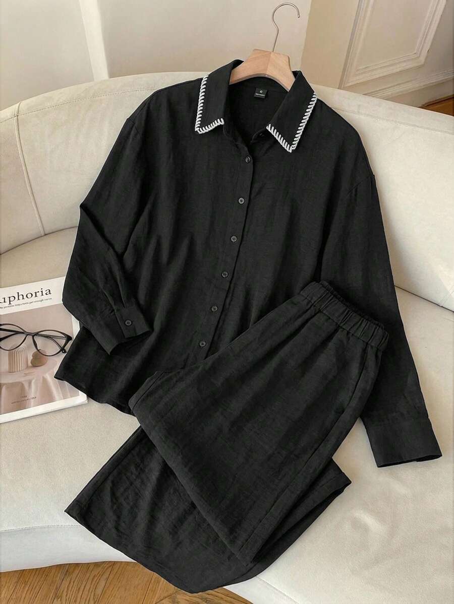 SHEIN EZwear 女款春夏時尚套裝 刺繡飾邊領襯衫與長褲 透氣混搭 通勤上班適用 - 黑色 - 查看 1