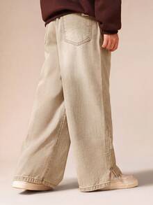 SUMWON Boys Pull On Wide Leg Jeans With Split Hem Details Relaxed Fit Casual Denim Pants - Beige - View 2