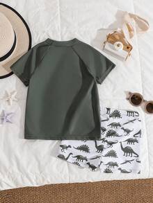 SHEIN Young Boy Casual Minimalist Vacation Coconut Tree Pattern Print Contrast Sleeve Loose Round Neck Short Sleeve T-Shirt Shorts Swimsuit Suitable For Summer - Multicolor - View 2
