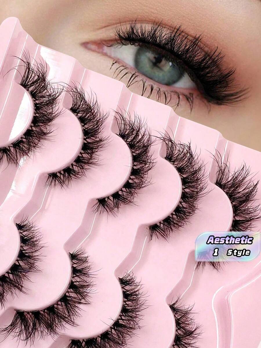 5 Pairs ENCHUW Transparent Natural Soft Fluffy Faux Mink Eyelashes, Makeup False Eyelashes - Black - View 1