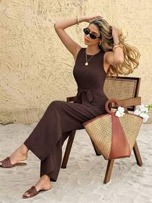 SHEIN Frenchy Women's Solid Color Round Neck Back Contrast Lace Sleeveless Elegant Jumpsuit - Coffee Brown - View 6