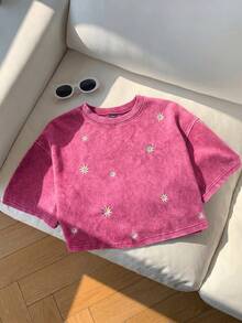 Comfortcana 女款休閒花卉刺繡水洗圓領落肩T恤，夏季上衣，桃紅色 - 玫紅色 - 查看 4