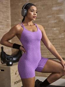 Powerista Women's Sexy Leopard Print Criss-Cross Backless Sports Romper, Summer Purple Going Out Workout Animal Print Cheetah Print Leppard Print Seamless Jumpsuit  Exercise, Fitness, Running Backless Summer Autumn Gym Daily Wear - Purple - View 2