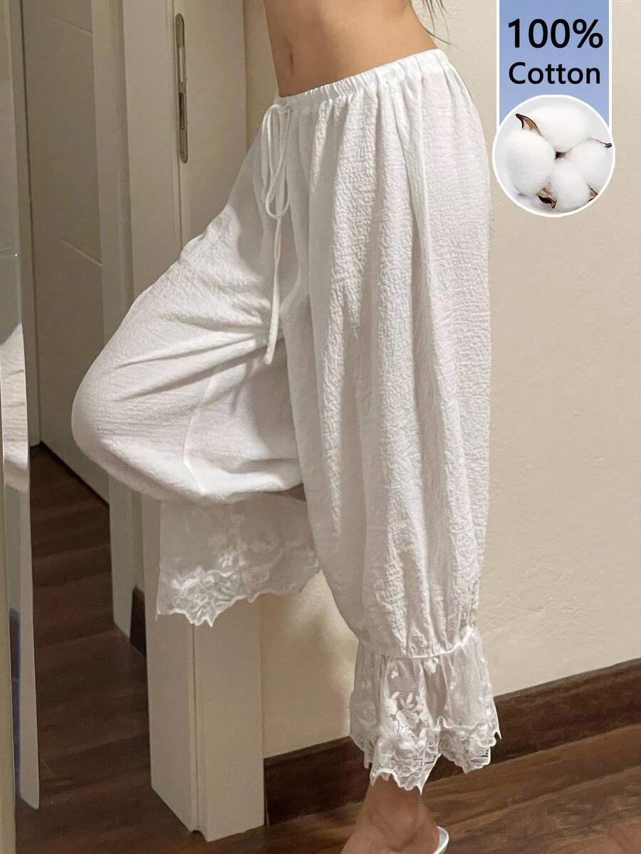 Sweetina Women Summer Hawaii Beach Vacation Going Out Bloomers White Linen Pants Romantic - White - View 1