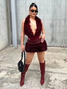 Dayanna Comas Y2K Amplova 酒紅色毛絨掛脖性感連身衣 派對穿搭 波爾多紅連身衣 紅色連身衣 人造毛皮女款連身衣 夏季 - 酒紅色 - 查看 5