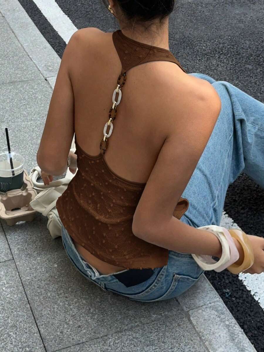 Siren Gaze 女款素色金屬扣飾拼接休閒百搭日常外出上衣 - 棕色 - 查看 1