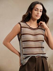 Anewsta Hollow Out Eyelet Contrast Color Knit Vest - Multicolor - View 4