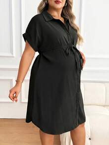 Plussiva 孕妇加大码简约基础款单排扣系带休闲连衣裙 - 黑色 - 查看 10