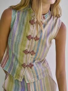 Nöista 條紋無袖牛仔上衣，附中式盤扣設計，獨特休閒單品，適合日常穿搭，美感時尚 - 彩色 - 查看 4