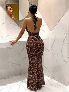 Slaydiva Summer Beach Vacation Leopard Print Halter Maxi Dress, Deep V-Neck Tie-Up Two Pieces Set, Beach Vacation Party Leopard Print Maxi Dress Two Pieces Set-A - Multicolor - View 3