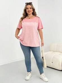 SHEIN CURVE+ 大尺碼女款撞色條紋拼接T恤 - 粉色 - 查看 7