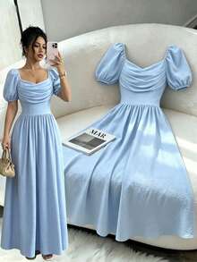 Selianne Women's Textured Pleated Elegant Waist-Cinched Dress Vacation Blue Summer - Blue - View 1