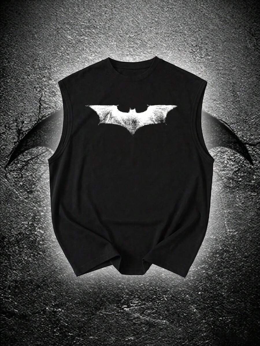 BATMAN X SHEIN 男士寬鬆版型蝙蝠印花無袖運動背心,適合夏季、健身房、度假 - 黑色 - 查看 1