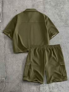 AXEPEAK Men's Single-Breasted Short Sleeve Shirt And Shorts Casual Daily Outfit - Army Green - View 3