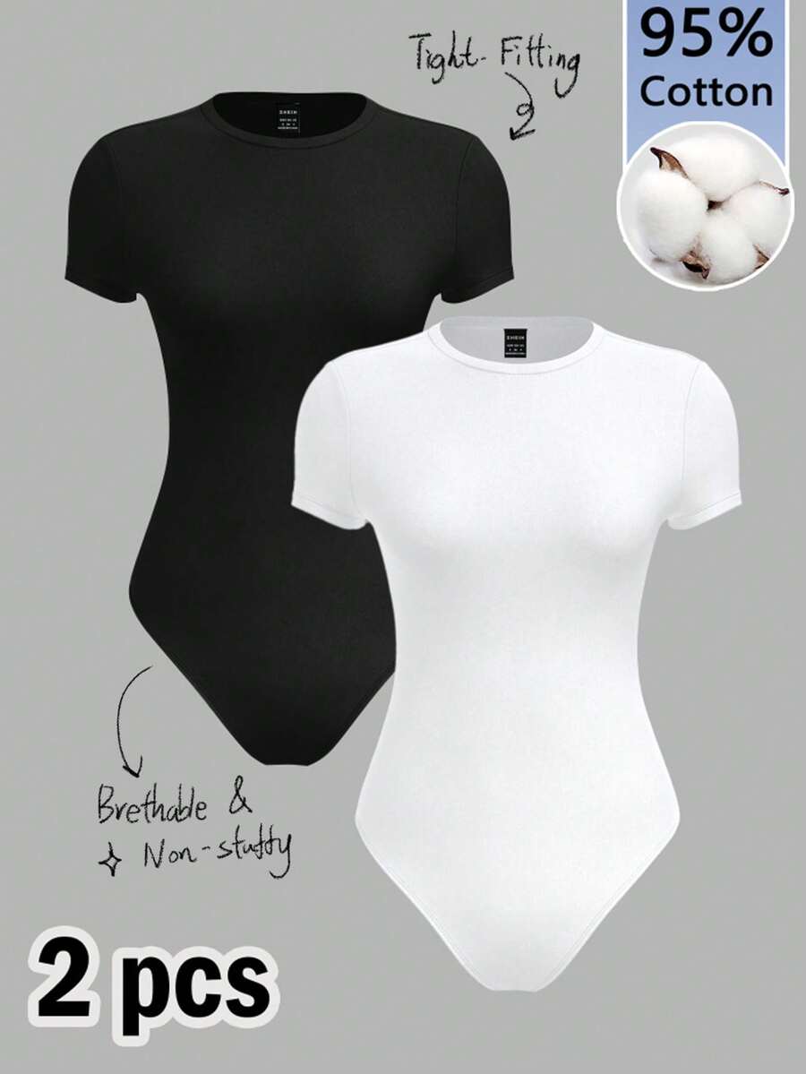 SHEIN BASICS 女款 95% 棉 2 件組黑白極簡基礎連身衣,彈性支撐,春夏新品,休閒、辦公、居家日穿 - 彩色 - 查看 1