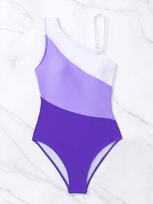 SHEIN Swim 度假海灘拼色拼接式一件式泳衣 - 紫色 - 查看 3