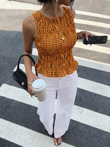 Siren Gaze 女款格紋美學縮褶無袖背心上衣，荷葉邊下擺，休閒夏季格紋縮褶背心 - 彩色 - 查看 3