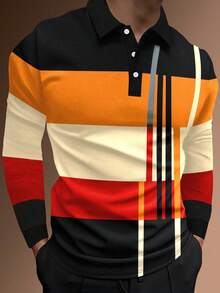 Manfinity Homme 男士撞色条纹图案 Polo 衫，秋季款，长袖上衣 - 橘色 - 查看 4