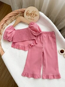 SHEIN 女嬰夏季可愛素色短袖上衣與長褲套裝 - 粉色 - 查看 2
