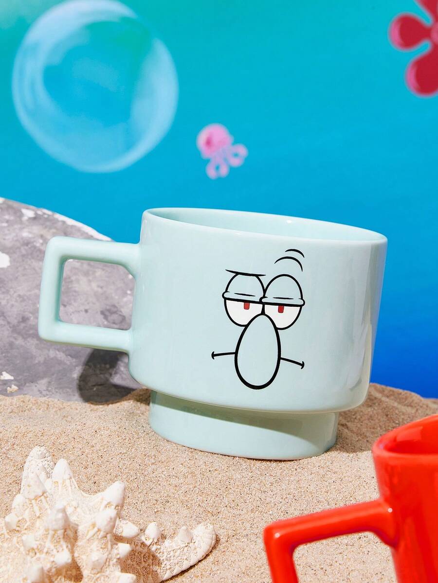 SpongeBob SquarePants | SHEIN 1個 12.68oz/375ml 可堆疊卡通圖案印花馬克杯，耐冷耐熱，可用於微波爐與洗碗機，適合盛裝水、牛奶、果汁、咖啡，海綿寶寶章魚兄弟海底系列 - 淺灰綠 - 查看 1
