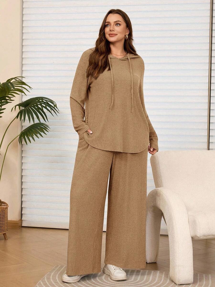 Rosumi Plus Size Women's Casual Brown Hooded Sweatshirt Top And Pants 2 Pieces Set With Pockets Autumn Winter Brunch Vacation Lounge Office Bussines - Camel - View 1