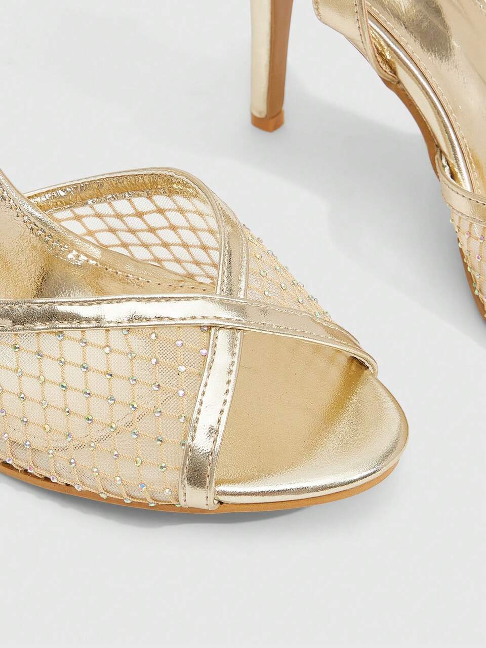 CUCCOO SZL Women's Spring/Summer New Mesh Hollow Criss-Cross Strap Round Toe Stiletto High Heel Personalized Attractive Shoes, Available In Gold/Black Glossy Splice, Open Toe Sandals For Party, Date, Summer Outfit Summer Shoes
