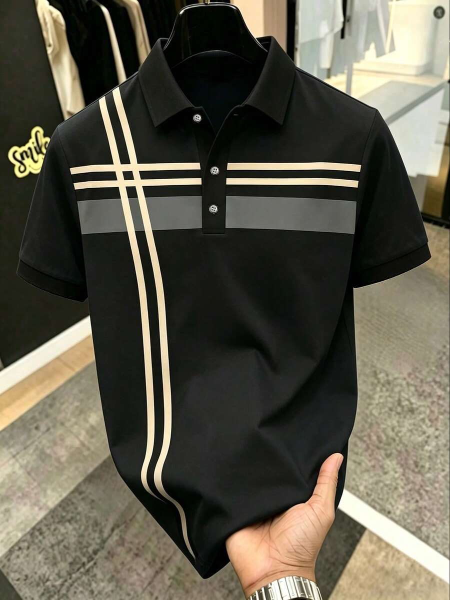 Calvornis 男士條紋短袖休閒/通勤 Polo 衫,適合夏季、正式場合、儀式 - 黑色 - 查看 1